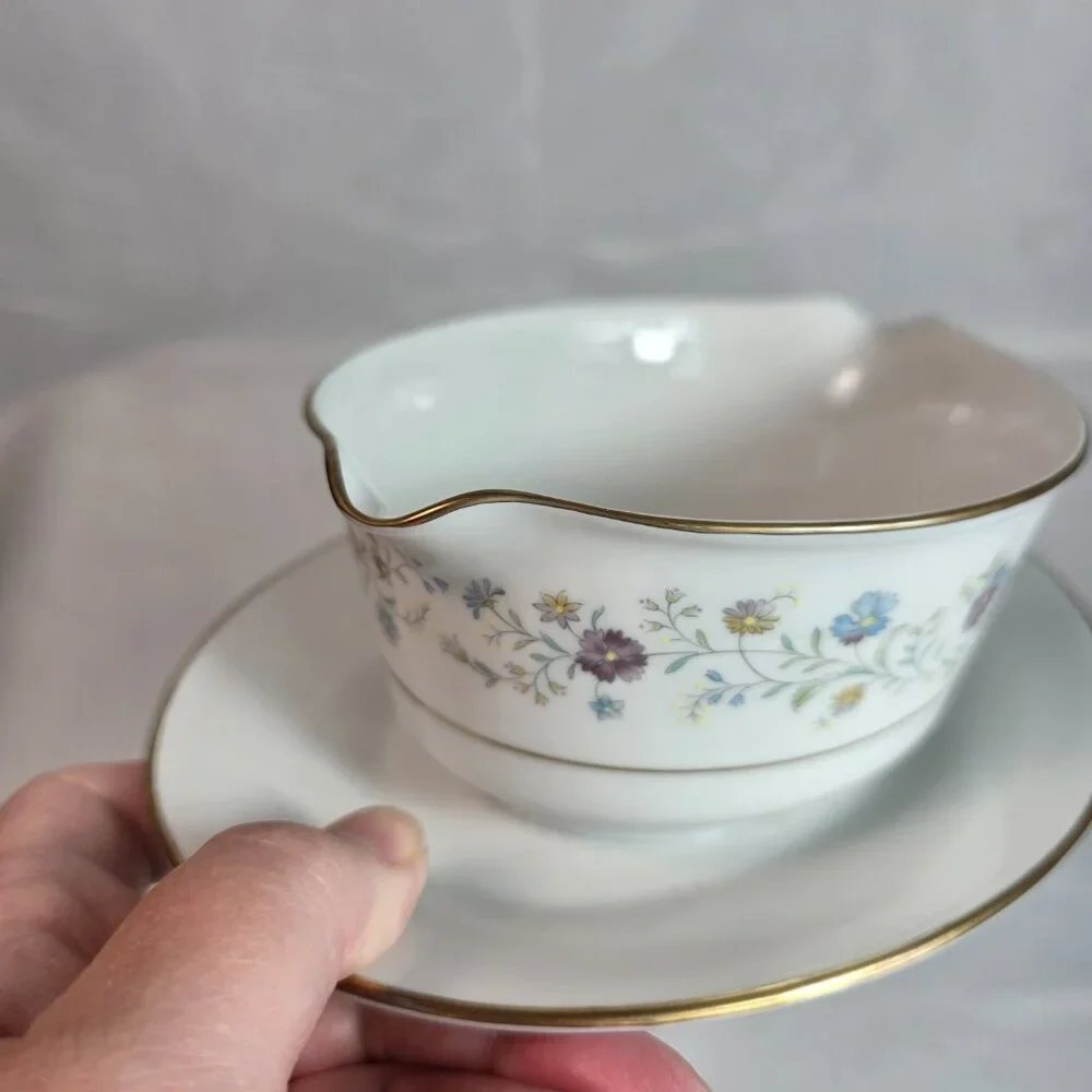 Noritake Longwood #2485 Gravy Boat with Underplate Purple, Blue & Yellow Flowers